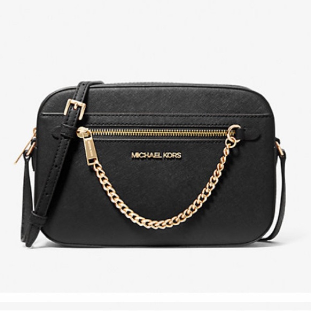 Michael Kors Jet Set Large Saffiano Leather Crossbody | Black/Gold | New